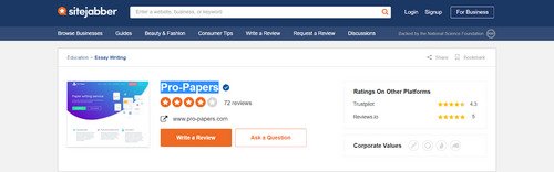 Pro Papers sitejabber